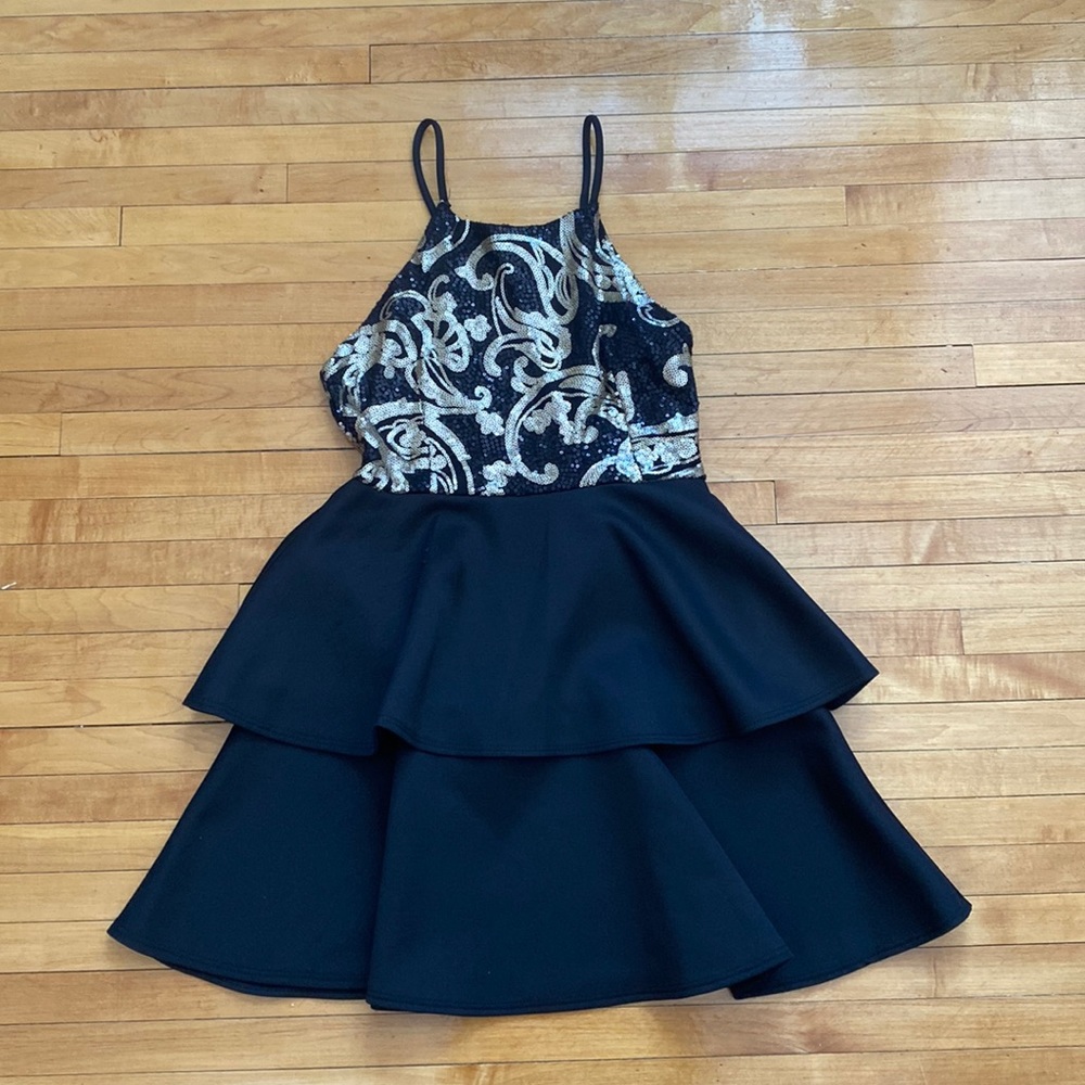 WOMENS MINI DRESS, BLACK & GOLD SEQUIN, SIZE SMALL